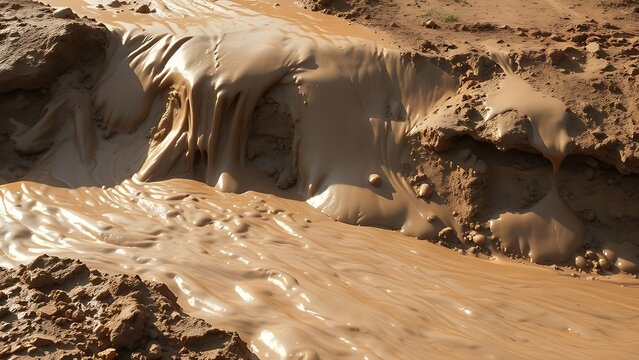 phonolite. Muddy slurry flowing down a hillside, creating viscous patterns in natural daylight. ESG reports, sustainability campaigns, designed for environmental awareness campaigns.