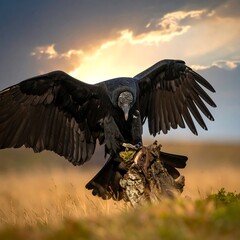 Black Vulture Perched on a Tree Stump with Wings Spread.