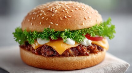 Delicious Grilled Burger with Sesame Seed Bun Melted Cheese Lettuce and Tomato on a White Surface with Soft Focus Background