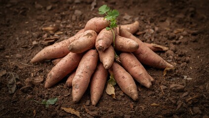 Freshly harvested sweet potatoes, earthy texture for editorial backgrounds