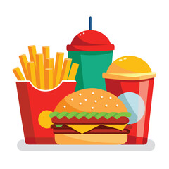 An illustration of various burger and fast-food items