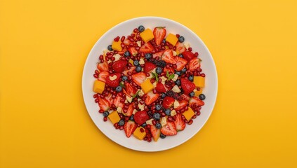 Vibrant fruit salad on a colorful surface, promoting nutritious eating habits