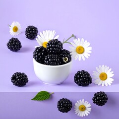 Blackberries and Daisies Still Life - Fresh Fruit and Floral Arrangement.