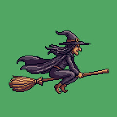 Pixel art illustration of a classic witch with a pointy hat and black cloak flying on a broomstick against a solid green background.
