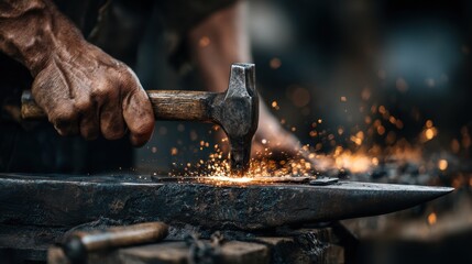 Intense close-up of a blacksmith crafting metal, hammering with precision on an anvil, creating sparks in a traditional workshop setting
