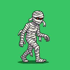 A pixel art mummy character with glowing red eyes walking against a solid green background.