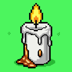 A pixel art illustration of a lit white candle with dripping wax against a vibrant green background.