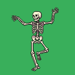 A pixel art illustration of a human skeleton dancing playfully on one leg against a solid green background.