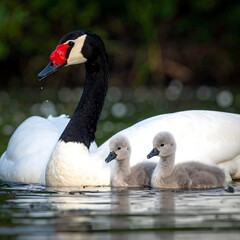 Black-necked Swan Family - Cygnets Swimming with Parent in Water.
