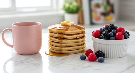 Stack of Pancakes with Butter, Syrup, Berries and Coffee on Marble Table: Pink Mug, Breakfast Treat and Sweet Dessert