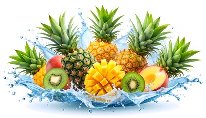 Tropical Fruit Splash: Pineapples, Mango, Kiwi, and Peach with Water