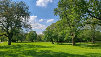 A grassy area with trees in an outdoor recreational space