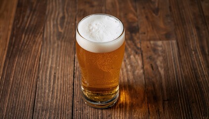 Fresh lager beer in a glass on a wooden surface, refreshing beverage choice