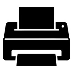 A bold silhouette representation of a printer with a document inside