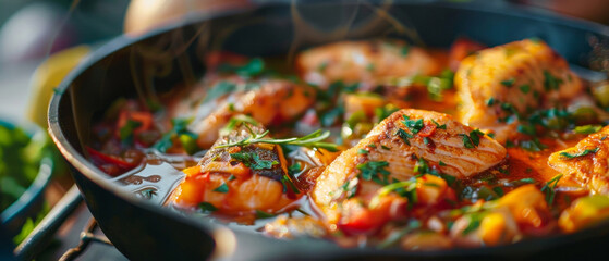Freshly cooked fish in a sauce with herbs and spices in a frying pan.
Useful for culinary articles, recipes, restaurant advertising, and blogs about healthy eating.