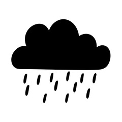 Simple cartoon black cloud with rainfall on an isolated white background