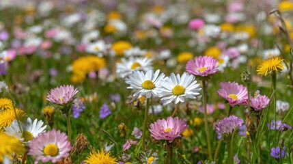 Obraz premium A vibrant meadow filled with various wildflowers showcases the beauty of spring and nature.