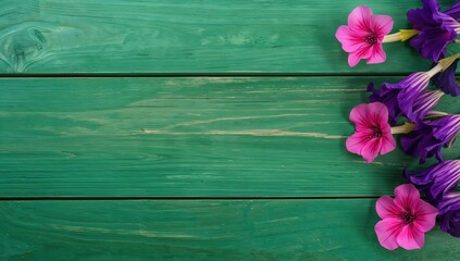 Purple and pink petunia blossoms against a green wooden backdrop with space for text