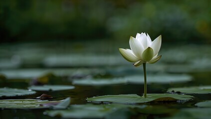 Blooming white lotus floating serenely in the water, symbolizing seasonal change