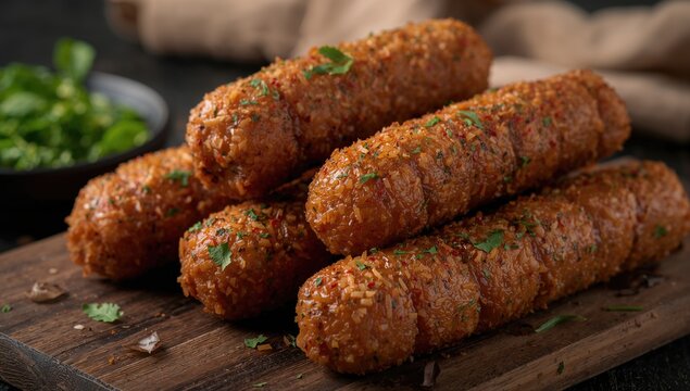 Homemade Egyptian deep-fried sausage made with stuffed intestines filled with spicy rice and herbs, highlighting a protein-rich meal