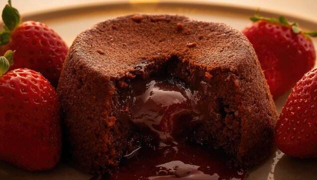 Close-up of warm chocolate dessert featuring a soft fondant core and fresh strawberries