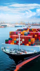 Massive container ship laden with colorful cargo sails across the ocean © Rodica