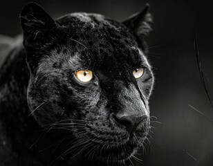 A striking close-up captures the head of a black panther emerging from the shadows, with its intense yellow eyes dramatically glowing in the dark.