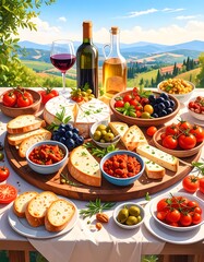 Tuscan Countryside Feast: A Detailed Still Life of Food and Wine