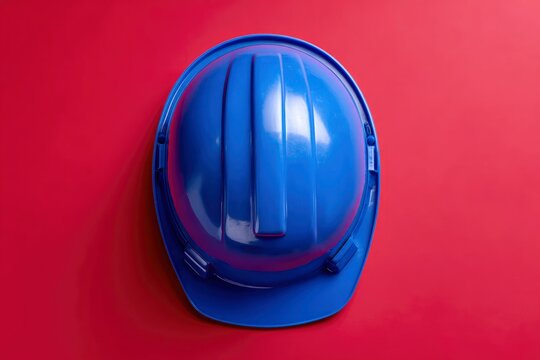 A vibrant blue safety hard hat rests on a bold red background. This minimalist, top-down image symbolizes industrial protection, construction, and diligent labor. Great for workplace safety and engine