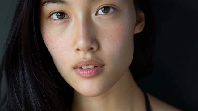 Beautiful young asian model woman with straight black brunette hair smiling to camera in slow motion video.Zoom out.AI Generative.