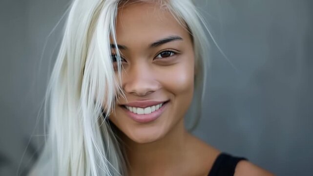 Video of young beautiful asian woman with long blond white hair and cute smile wearing black t-shirt.Zoom out slow motion.AI Generative.