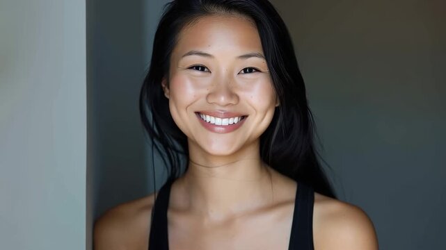 Beautiful young asian model woman with straight black brunette hair smiling to camera in slow motion video.Zoom out.AI Generative.