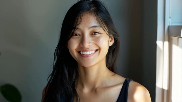 Beautiful young asian model woman with straight black brunette hair smiling to camera in slow motion video.Zoom out.AI Generative.