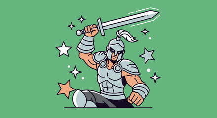 Brave gladiator illustration raising sword triumphantly with stars and helmet warrior art