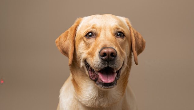 Anxious dog with a humorous expression on a yellow background, observable tension