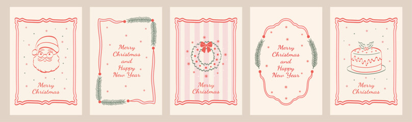 Vintage hand-drawn ink Christmas card set featuring festive frames with ribbons, bows, wreaths, snowflakes, Santa, pudding, lettering, and tree branches. Minimalist coquette doodle-style Xmas posters.