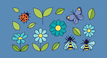 Delightful spring meadow illustration with ladybug butterflies bees and flowers in pastel shades,