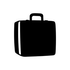 Black silhouette of travel suitcase or briefcase icon, Minimal black icon of a rectangular suitcase with handle, representing travel, luggage, business, packing, or professional equipment.
