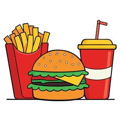 An illustration of various burger and fast-food items