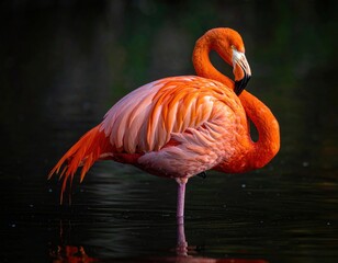 Fototapeta premium A vibrant flamingo stands alone in shallow, dark water, its striking orange and pink feathers reflected smoothly on the surface, set against a soft, moody background.