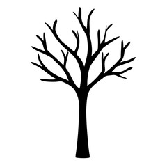 Black silhouette of leafless tree in winter, Simple black icon of a bare tree without leaves, symbolizing winter, nature, decay, or seasonal change in minimalist style.
