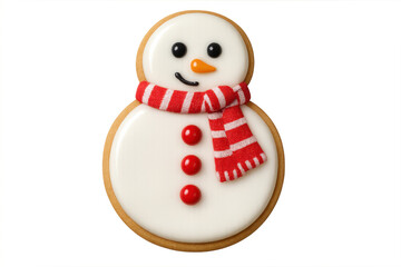 Snowman gingerbread cookie with white icing and red scarf, representing winter holiday season food, transparent background