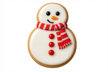 Snowman gingerbread cookie with white icing and red scarf, representing winter holiday season food, transparent background