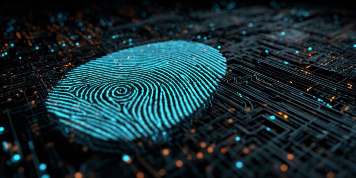 Illuminated biometric scan overlays complex digital circuitry against a dark background