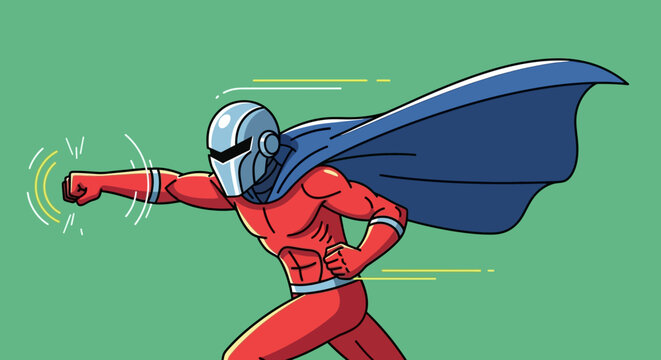 Dynamic superhero action sequence with retro futuristic helmet and vibrant cape flair