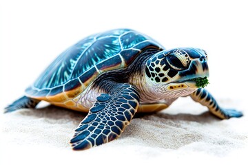 Fototapeta premium Sea turtle on sand, eating algae. Patterned shell. Turquoise and tan coloration