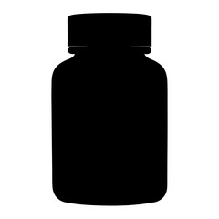 Black silhouette of supplement or pill bottle icon, Simple black icon of a plastic container with a screw cap, commonly used for vitamins, supplements, medicine, or pharmacy products.
