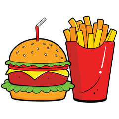 An illustration of various burger and fast-food items