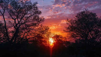 Fototapeta premium Twilight with silhouetted trees against the evening sky, natural scenery of woodland branches outdoors