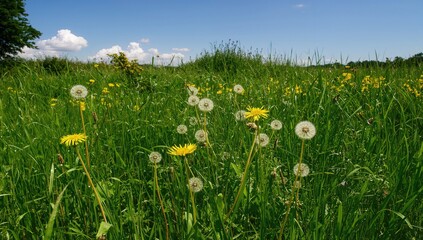 Dandelions blooming amidst lush greenery, seasonal change